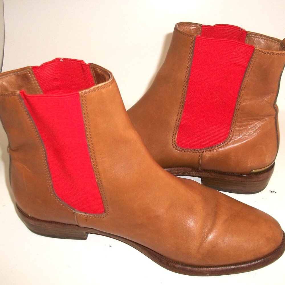 Vtg COACH Butterscotch-Tan Leather Flat Chelsea Boots with Orange Panels 6.5M